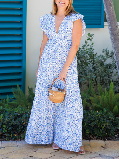 Blue Medallion V-Neck Flutter Sleeve Maxi Dress